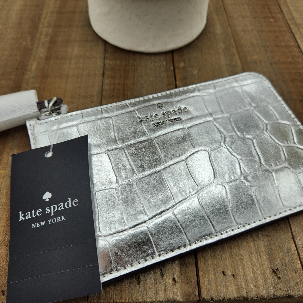 kate spade Metallic Silver Crocodile Wristlet • Card Holder